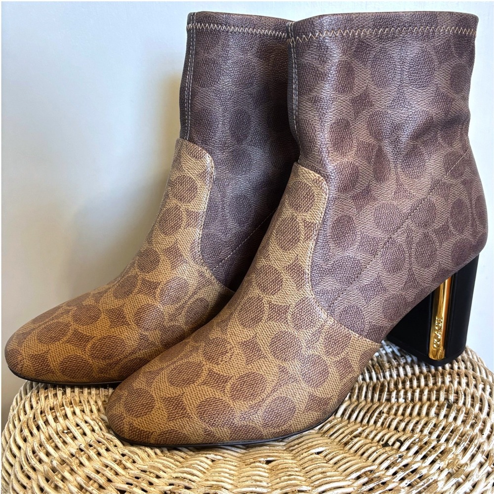 Coach Margot Signature Canvas Block Heel Ankle Sock Boots Brown Tan Womens 11B - Picture 1 of 8